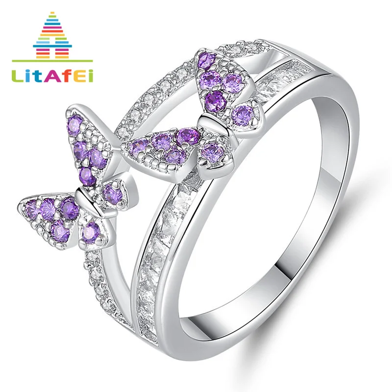 

Trendy Jewelry Butterfly Shape Purple Cubic Zirconia Rings for Women Silver Metal Wedding Engagement Rings Jewelry
