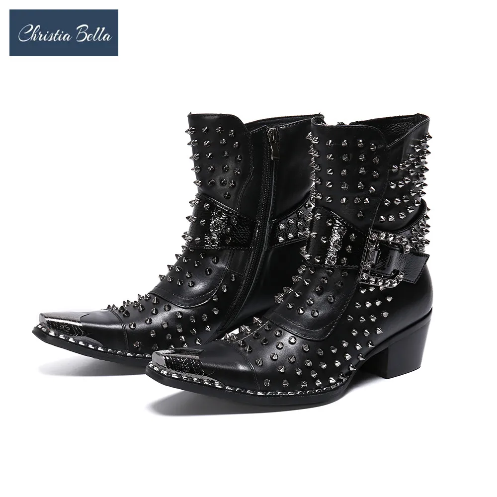 Christia Bella/Дизайнерские Брендовые мужские ботинки из натуральной кожи с заклепками; ковбойские ботинки в байкерском стиле с острым носком; вечерние ботинки в британском стиле - Цвет: Черный