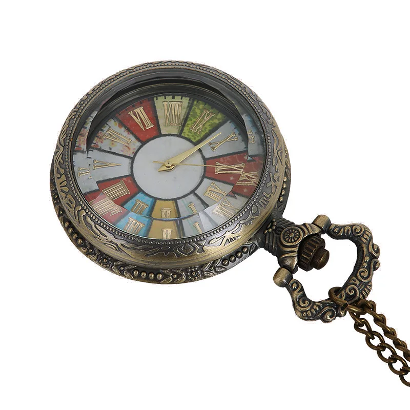 Ретро римские цифры Бронзовый красочный циферблат кварцевые карманные часы цепочки и ожерелья подвеска