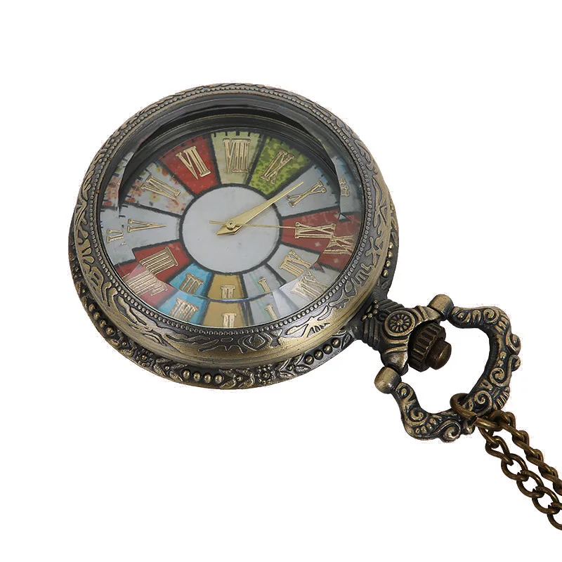 Retro Rome Number Bronze Colorful Dial Quartz Pocket Watch Necklace Pendant