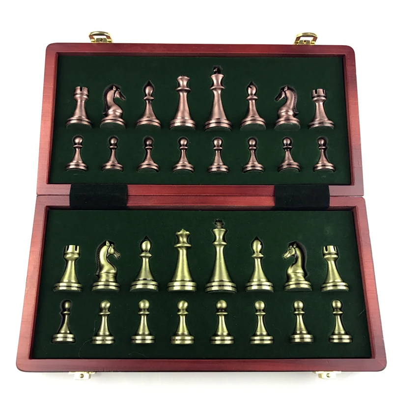Classic Zinc Alloy Chess Pieces wood grain board Chess Game Outdoor leisure entertainment golden High Quality Chess the qenueson