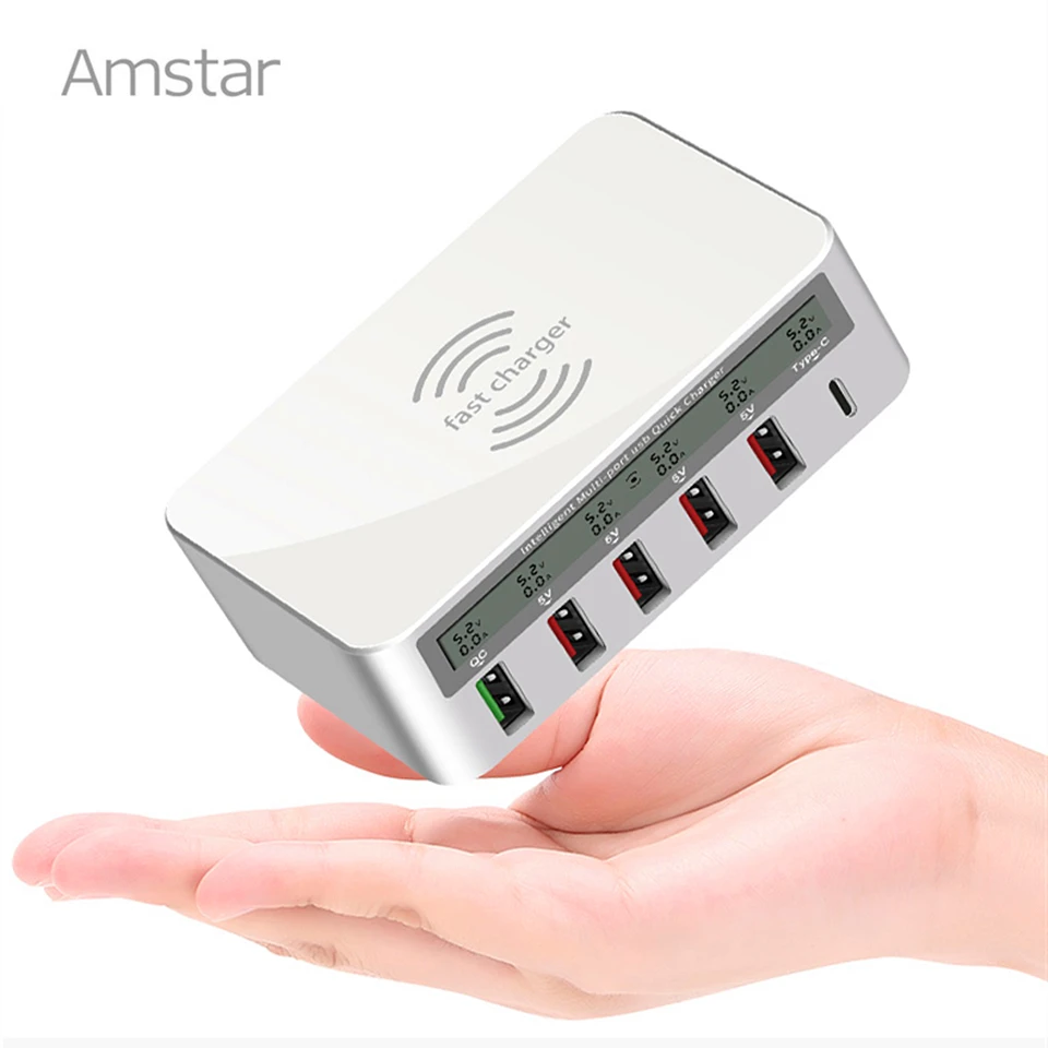 Amstar 10 Вт Qi Беспроводное зарядное устройство 5 В/8A 6USB зарядное устройство для телефона Быстрая зарядка 3,0 type C Быстрая зарядка для iPhone X XS 8 samsung S9 S8