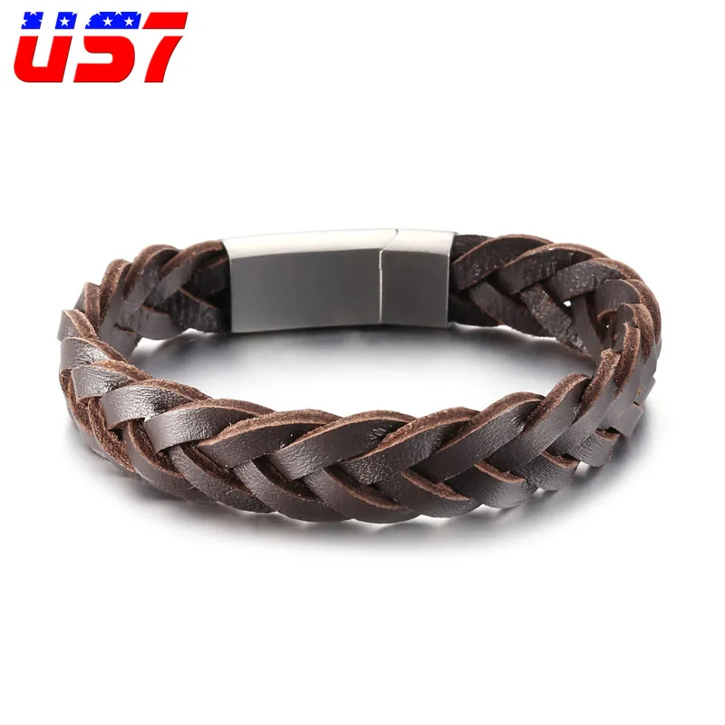 

US7 Genuine Leather Punk Brown Braided Vintage Men Bracelet Stainless Steel Magnetic Buckle Bracelets Bangles For Men Jewelry