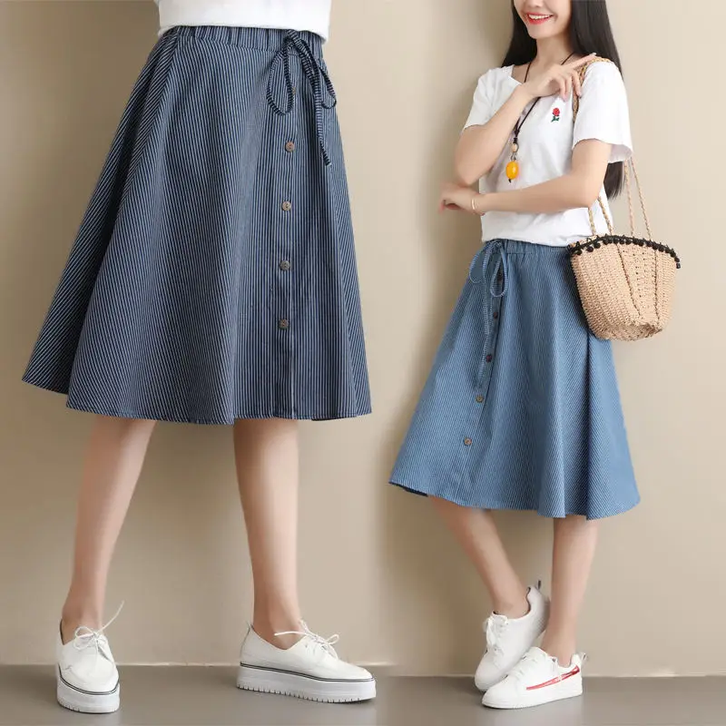 Весенне-летняя модная женская юбка винтажный женский эластичный пояс Юбка До Колена джинсовая Расклешенная юбка с поясом Плиссированная Юбка Saia Femininas