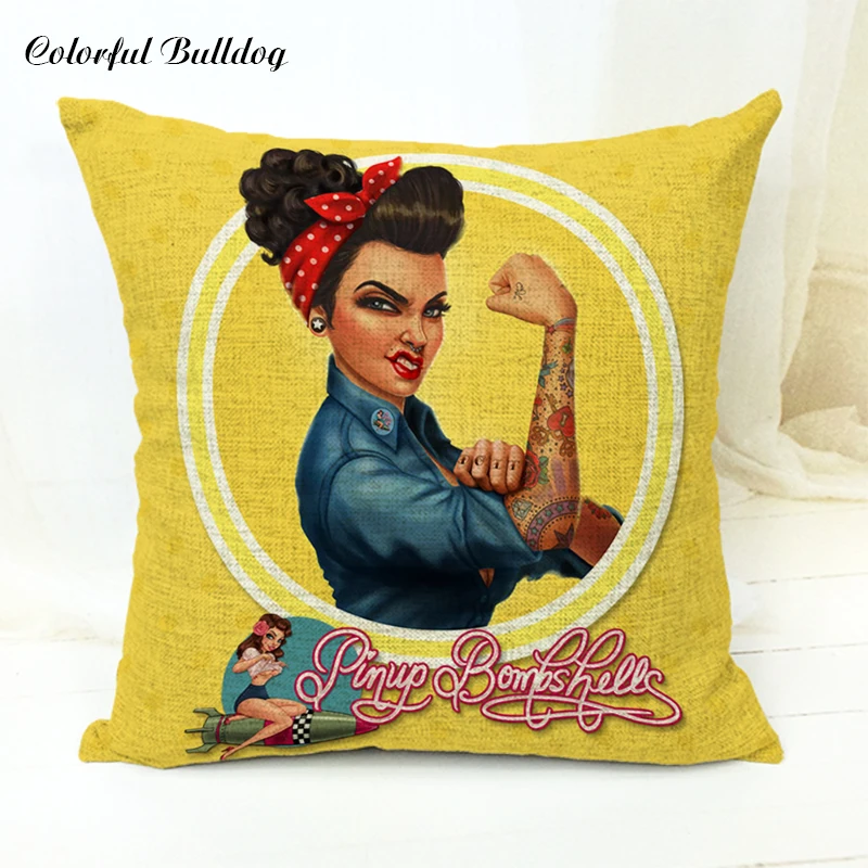 Винтаж Pin Up плакат Очаровательная Для женщин животное собака Чехлы этнических бросить подушки Bench 17*17 дюймов Лен барбекю ручной работы