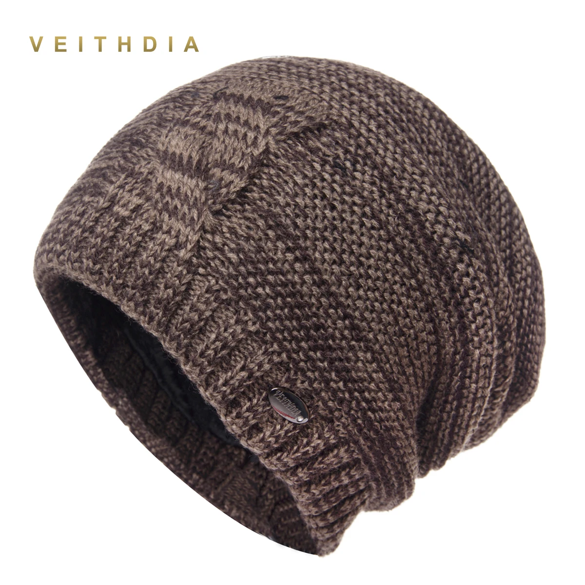 VEITHDIA Skullies шапки зимние для мужчин шапки вязаные плюс бархатные Лоскутные цветные шапки Мужская шапка s двухслойная Толстая теплая - Цвет: Coffee