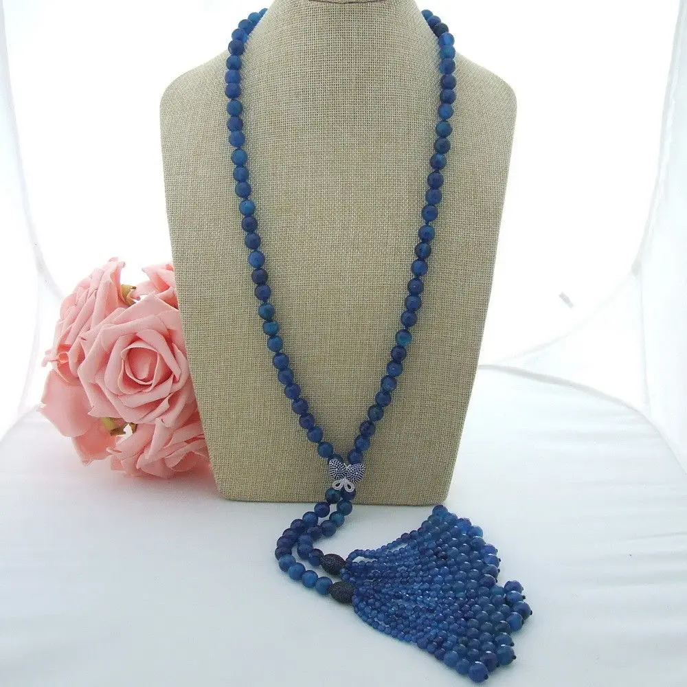

AB080806 10MM Blue Round Ston'e Necklace CZ Pendant 37