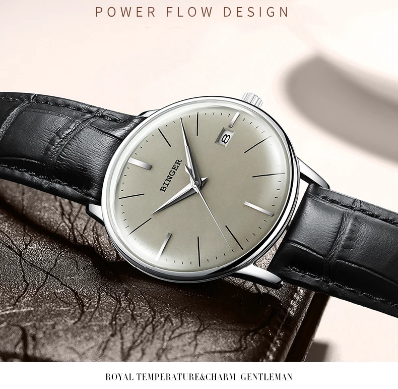 Швейцарские Брендовые мужские часы Бингер с кожаным ремешком, автоматические механические часы, мужские роскошные самовзводные простые наручные часы