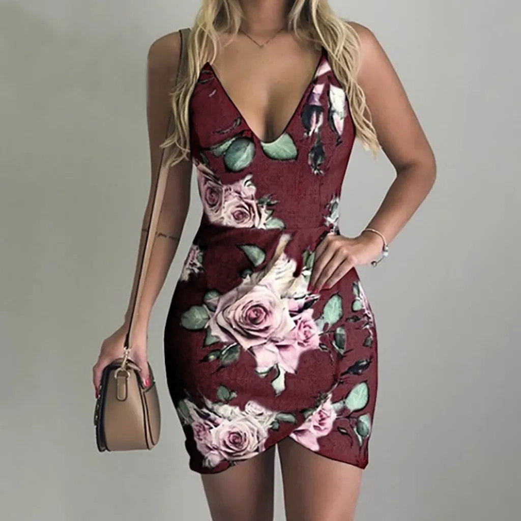 Vestidos пикантные Для женщин модный принт красное глубокий v образный вырез Халат