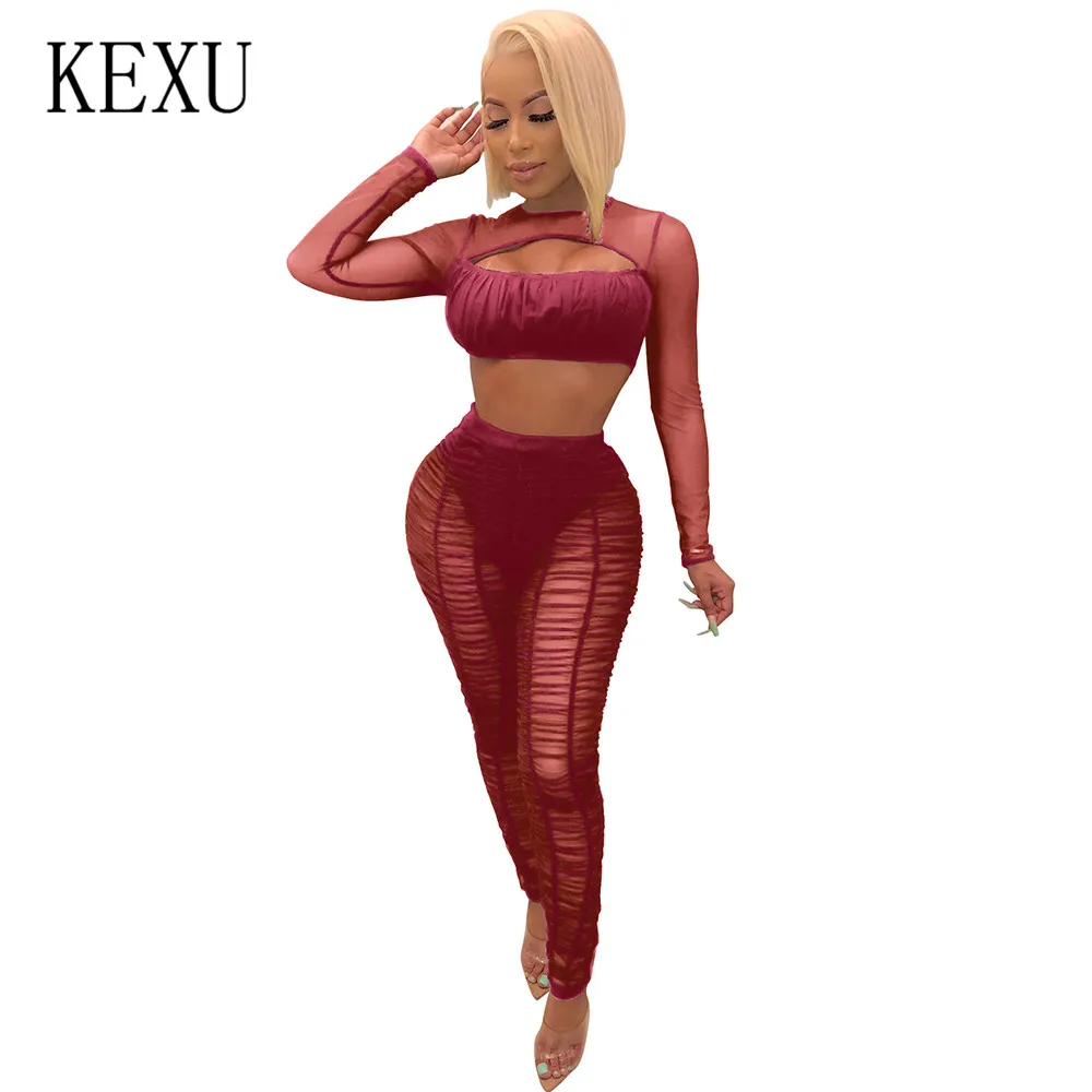 

KEXU Fashion Romper Two Pieces Sets See Through Long Sleeve Playsuits Casual Hollow Out Perspective Mesh Bodycon Jumpsuits