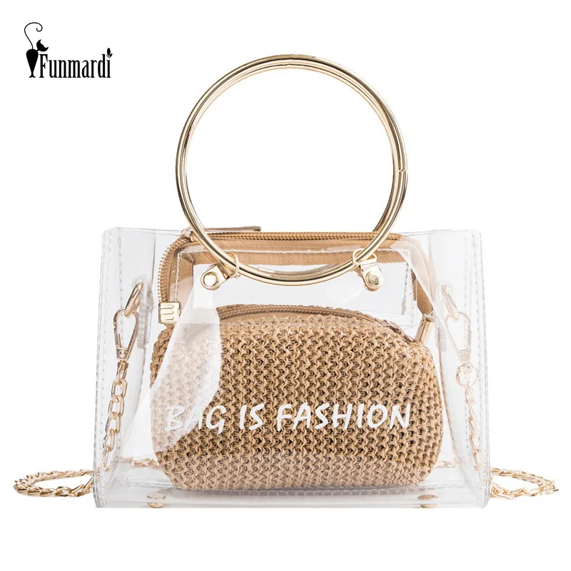 

FUNMARDI Mini Transparent Bag For Women Handbag Round Ring 2019 Straw Beach Bags Crossbody Ladies Chain Shoulder Bags WLHB1883