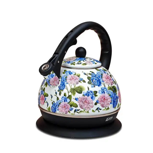 High Quality Red/Blue Floral Oriental Enamel Whistling Tea Maker Pot