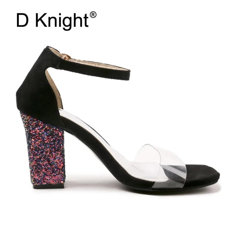 Big Size 52 Women Open Toe Strappy Ankle Strap Yellow Black Sandals Bling Transparent Clear Block Thick High Heel Sequined Shoes (15)