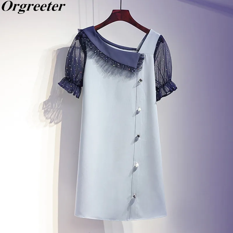 

Delicate crystal Button A-line Dress Women 2019 Summer Rhinestone Mesh Puff sleeve Patchwork Asymmetrical Collar Blue Dress