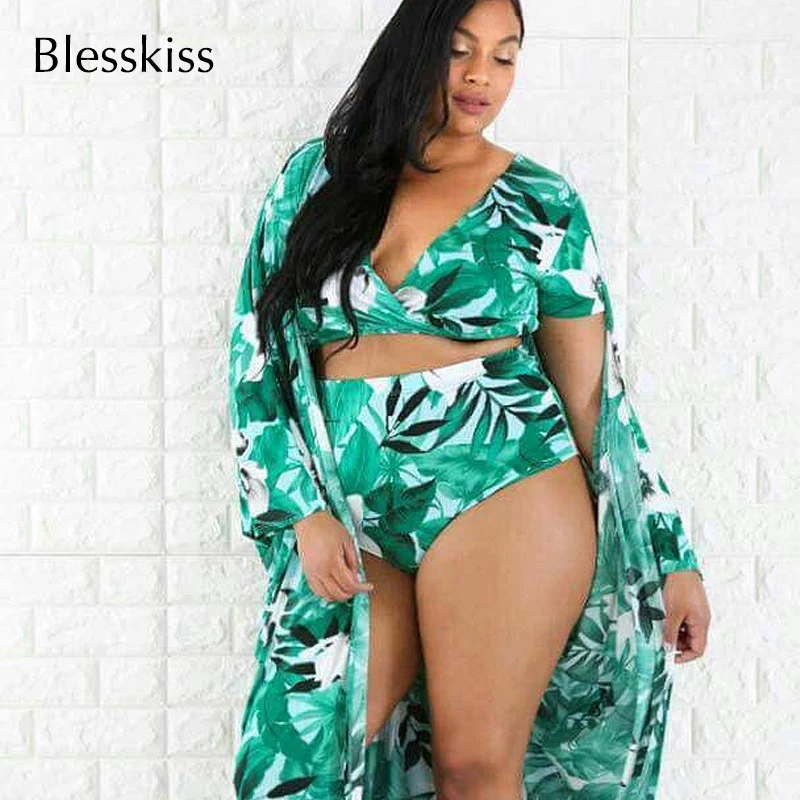 

BLESSKISS Crop Top High Waist Swimsuit Bikini Women Swimwear Plus Size Printed Tropical Bathing Suit With Beach kaftan Cover Up