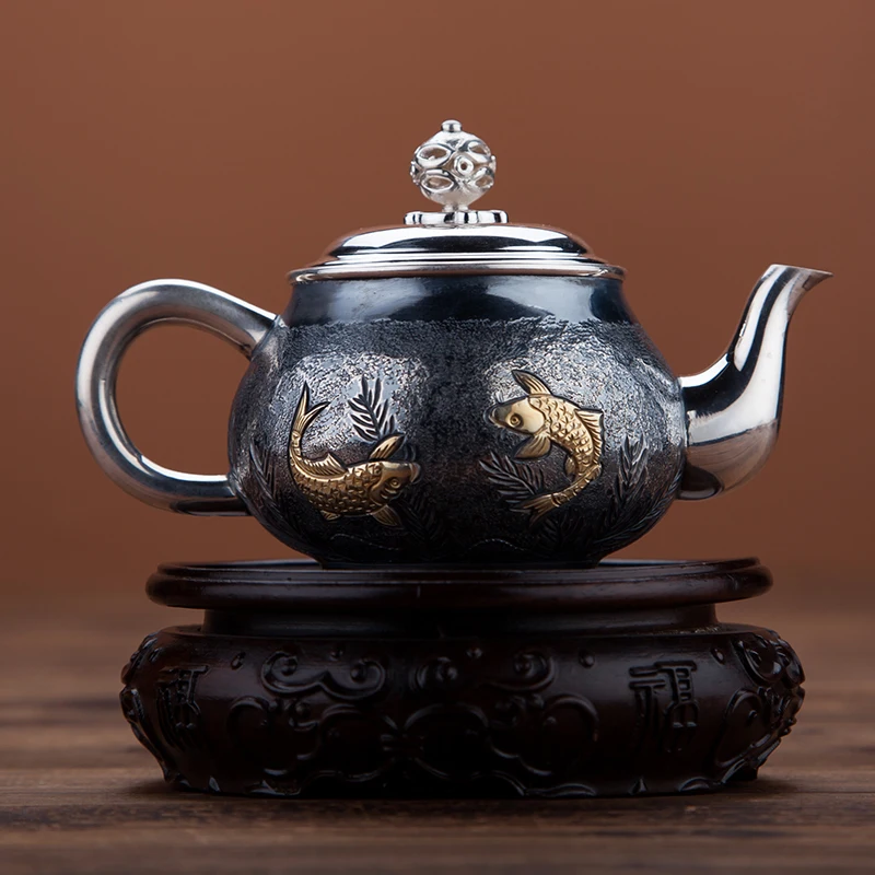 Серебряный чайник S999 ручной работы Лотос Золотая рыбка чайный набор старый