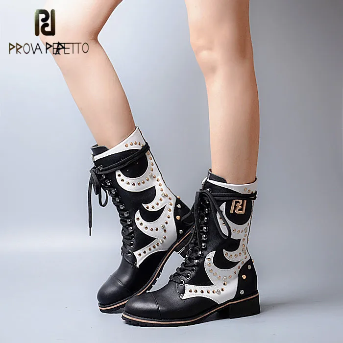 

Prova Perfetto 2018 Autumn Winter British Style Round Toe Mid-Boots Thick Heels Hollow out Martin Boots Woman Fashionable Boots
