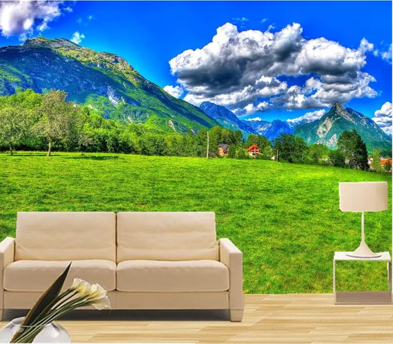 Custom 3D Beautiful blue sky and white clouds grassland Nature papel de parede living room TV wall bedroom wallpaper | Строительство и