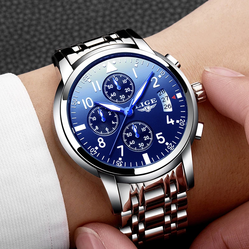 LIGE Mens Watches Top Brand Luxury Male Military Sport Luminous Watch Men Business Stainless Steel Waterproof Chronograph+Box