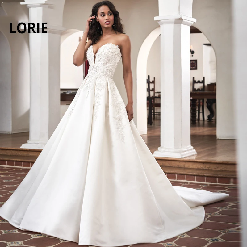 

LORIE 2019 Lace Appliques Stain Wedding Dresses Sleeveless Backless A-Line Bridal Dress V-Neck Sweep Train Vestidos de novia