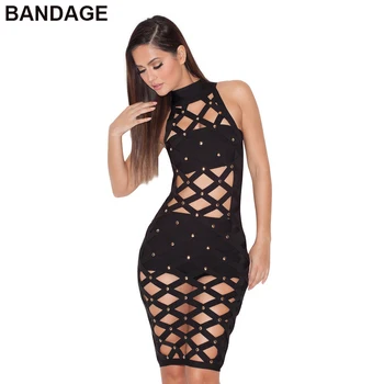 

2019 Cheap Premium High Quality Women Party Club Wear Hollow Out Sleeveless Cutout Beaded Sexy Embellished Bandage Mini Dress