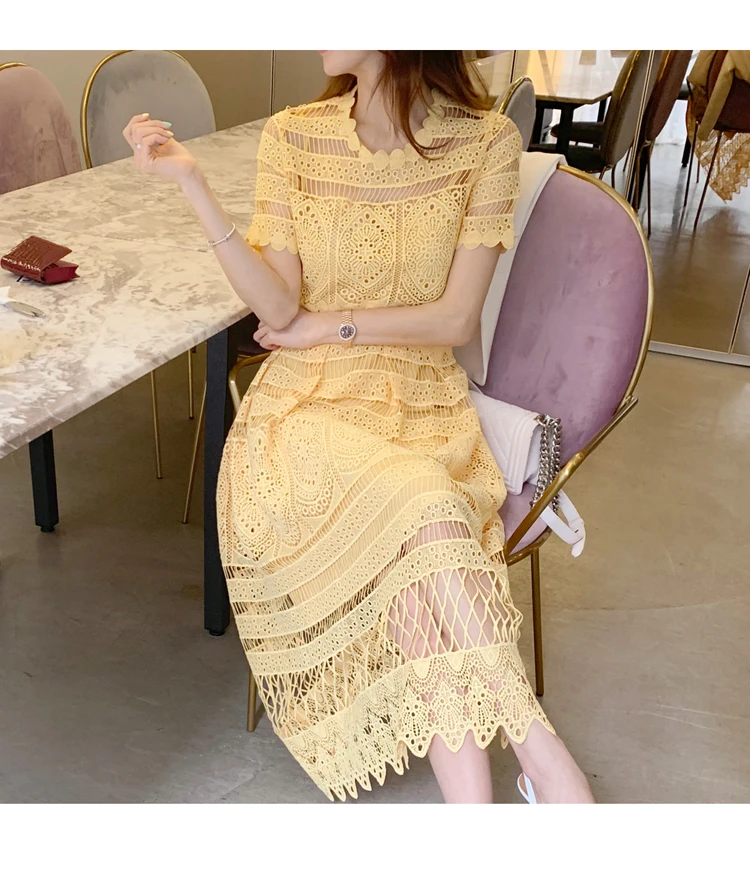 Французское романтичное желтое кружевное платье с волнистым кружевным подолом, с цветочным узором, с короткими рукавами, тонкое длинное платье средней длины, вечерние платья, Vestido