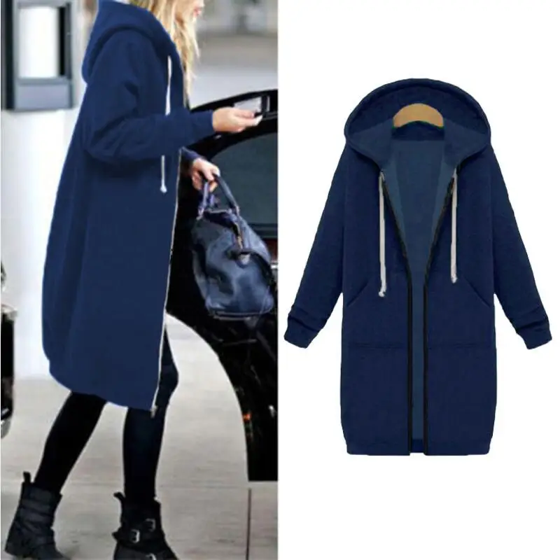 Осенне-зимнее пальто для женщин Модная Повседневная Длинная куртка на молнии с капюшоном Толстовка винтажная плюс размер верхняя одежда пальто 5XL - Цвет: navy blue