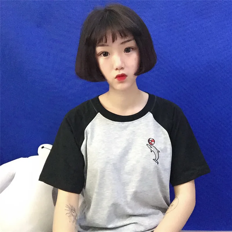 

Women Japan Ulzzang Harajuku Embroidery Dolphin T-Shirt Women'S Students T Shirt Female Korean Kawaii Cute Tee Tunic Top