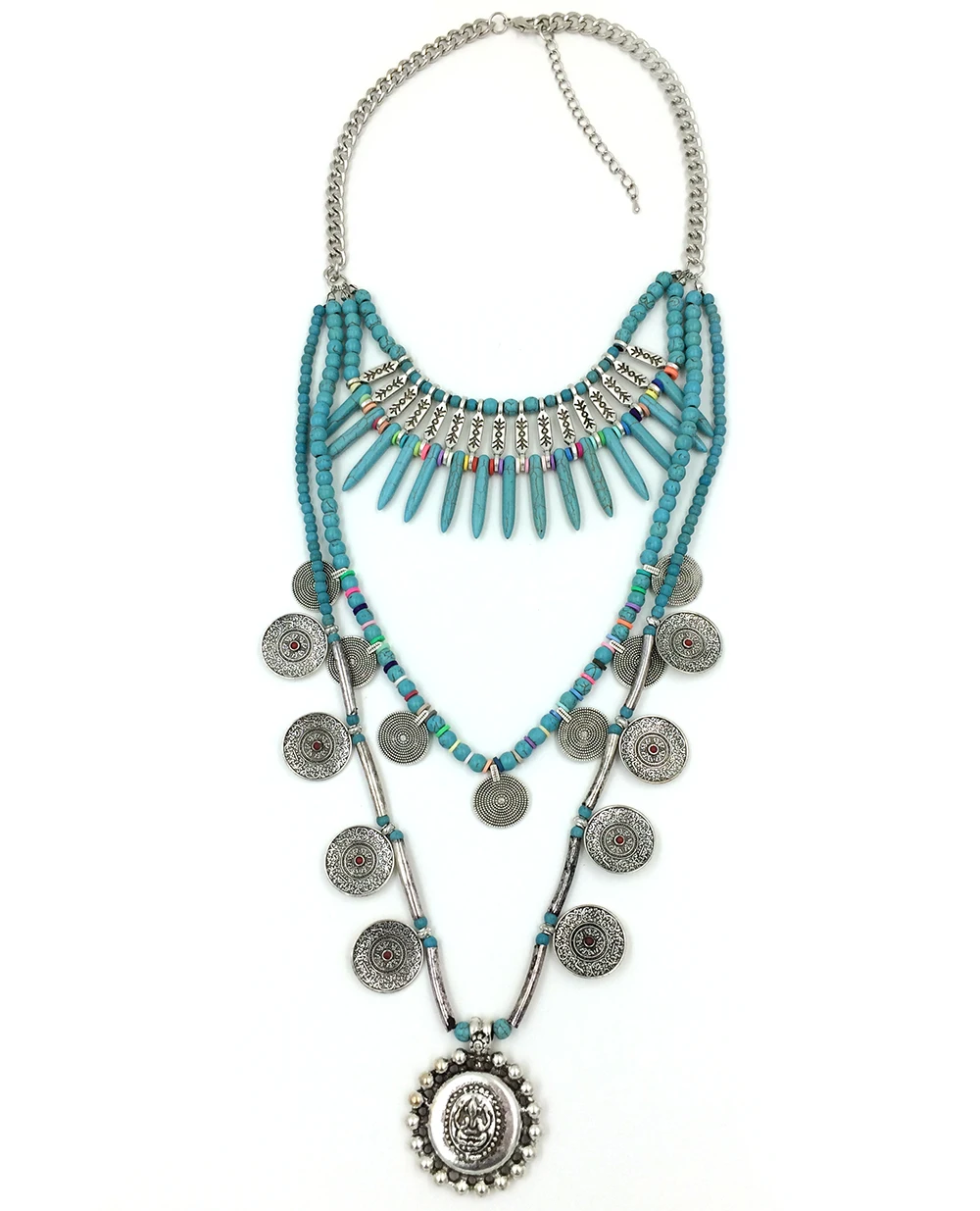 New Bohemia Boho Aqua stone beads Necklaces Tibet antique Silver coin pendant necklace Multi-Layer statement Necklaces for women