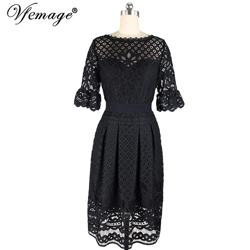 Vfemage женщин Винтаж See Through Floral Lace Bell рукава карманы лоскутное Вечеринка Fit and Flare A Line