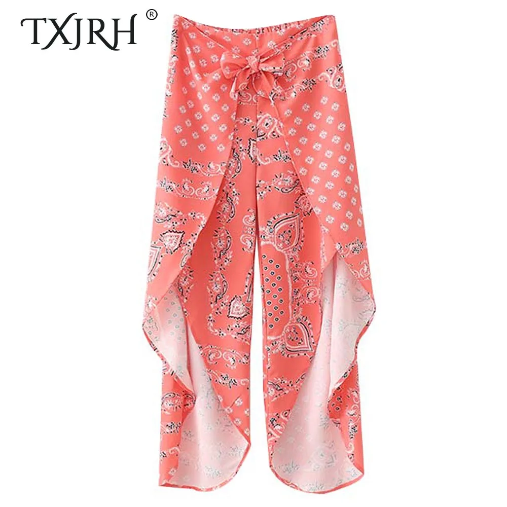 

TXJRH Stylish Red Paisley Floral Print Ankle-Length Wide Leg Pants Elastic Waist Bow Tie Decorate Female Summer Holiday Trousers