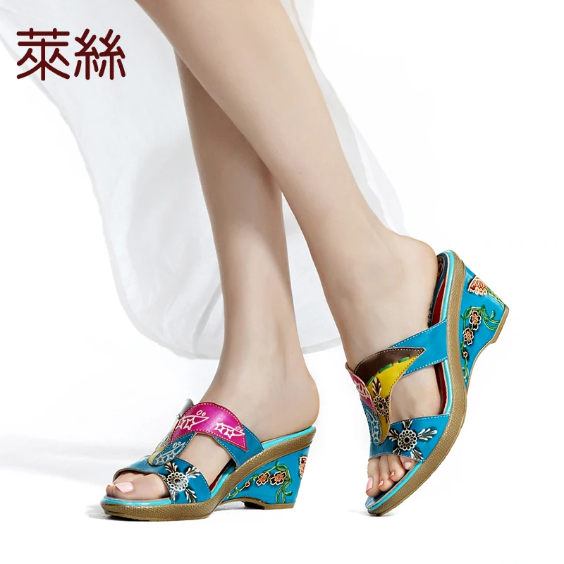 ФОТО 2017 Sale Pu Mixed Colors Genuine Rubber High Heels Slippers Free Shipping The New Wedges Cool Slippers Hand-printed Summer 