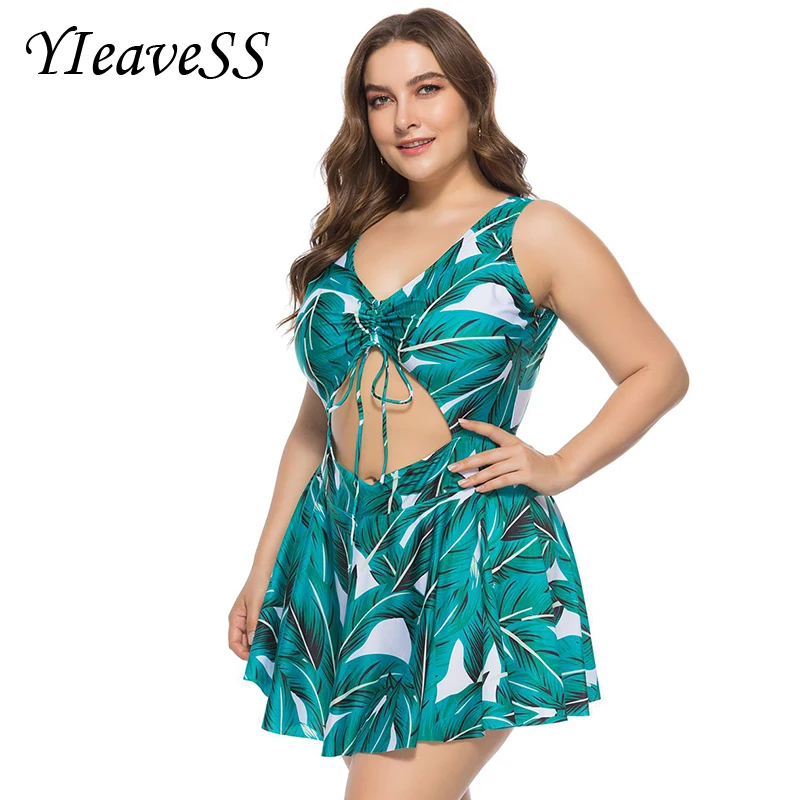 

2019 One-Piece Plus Size Swimming Suit 5XL Loose Swimsuit Women's Separate Bikini Bather Push Up Padded Swimwear Dress