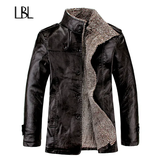 Vintage PU Leather Jackets Men's Winter Warm Thicken Faux Fur Fleece Liner Men Jacket Windproof Stand Collar Slim Fit Male Coat