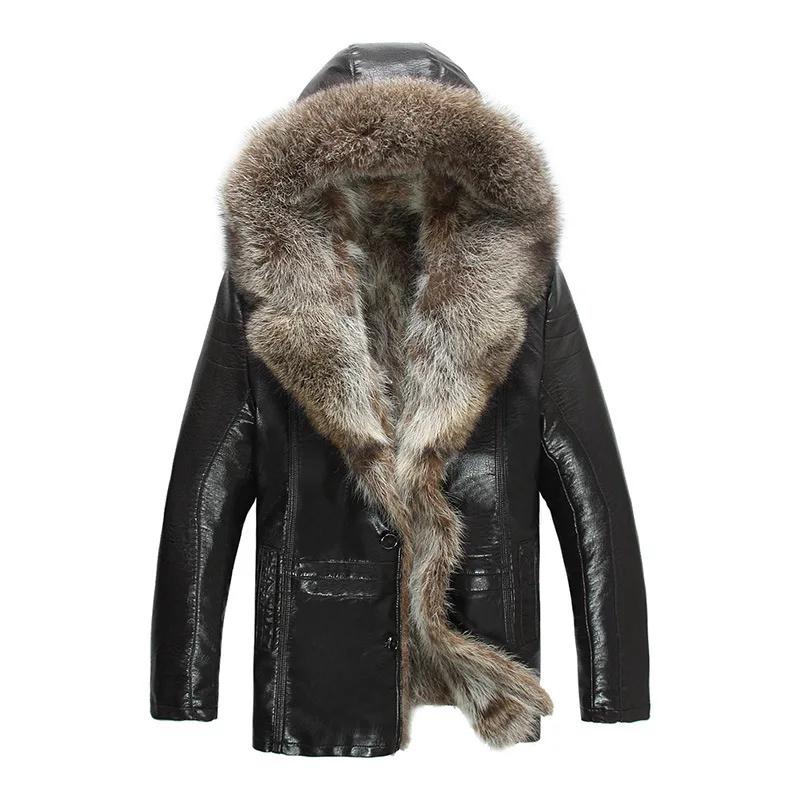 Мужские Куртки из натуральной кожи, пальто из натурального меха енота, зимние пальто, зимняя одежда, теплая плотная верхняя одежда размера плюс 4XL 5XL - Цвет: Коричневый