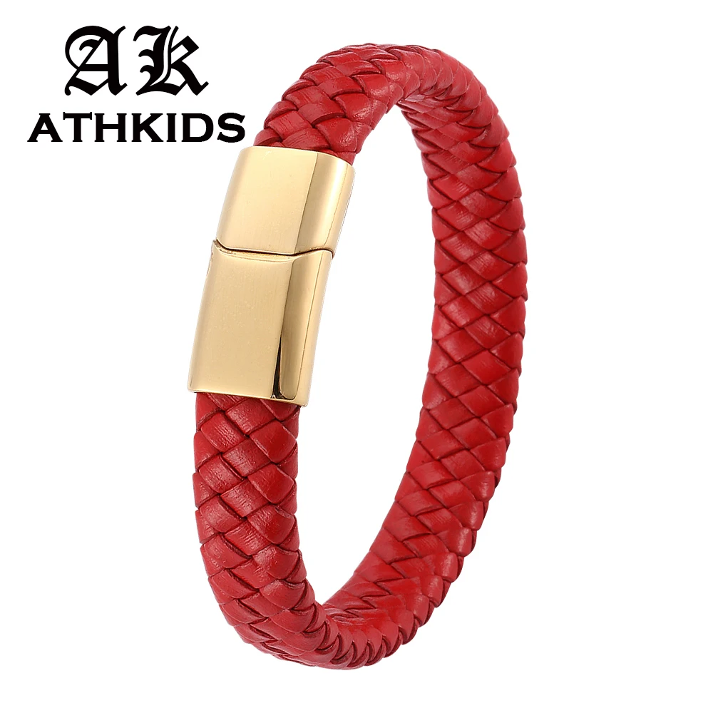 

Fashion Red Braided Leather Bracelet Bangle for Men Accessories Charm Women Jewelry Gold Color Magnetic Clasp Wristband PD0228