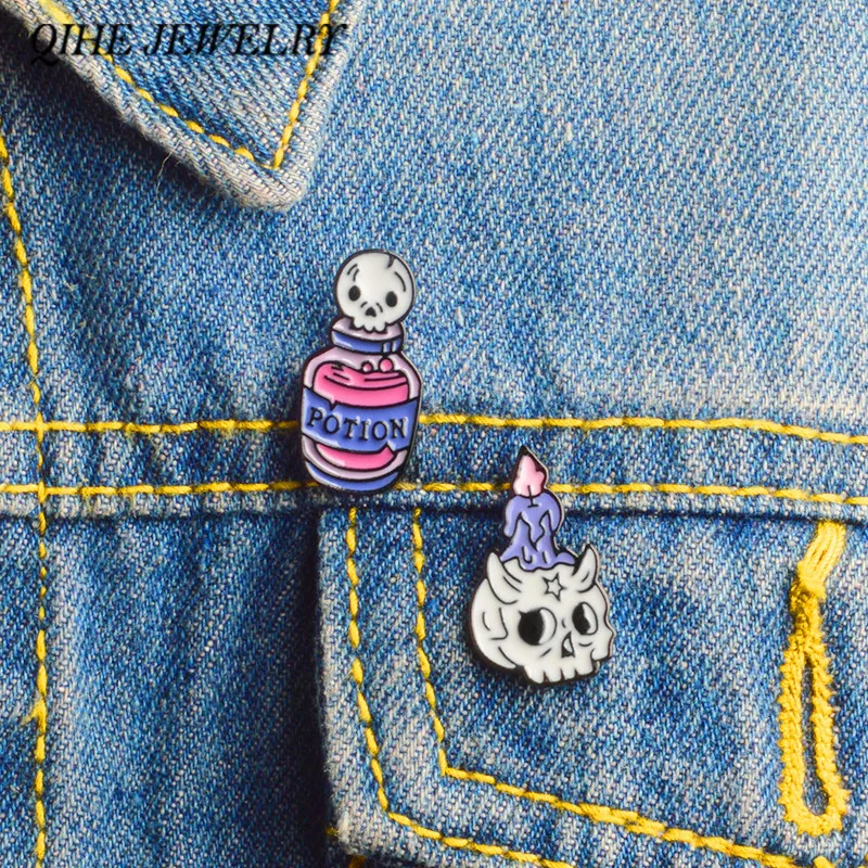 

QIHE JEWELRY 2pcs/set Potion Skeleton and Candle Skeleton Enamel pin Badges Brooches Witch pins Witchcraft Skull jewelry