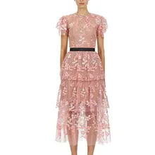 Элегантные длинные вечерние платья с оборками и коротким рукавом в розовую сетку с цветочной вышивкой летнее женское платье высокого качества с автопортретом