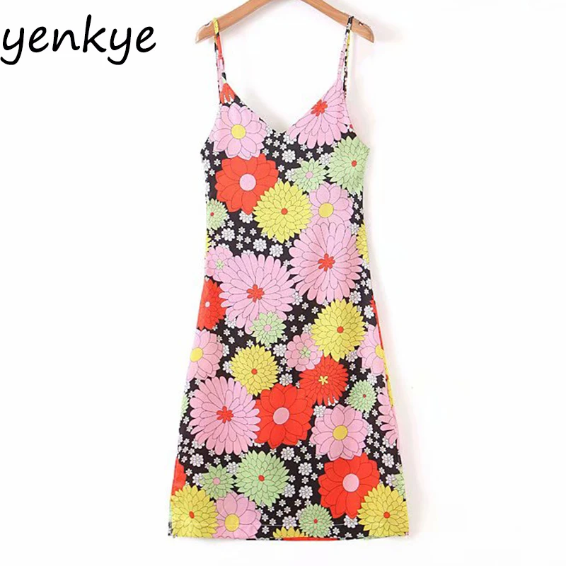 

2019 Women Multicolor Print Holiday Summer Beach Dress Lady V Neck Sleeveless Spaghetti Strap Sexy Dress SDP6243