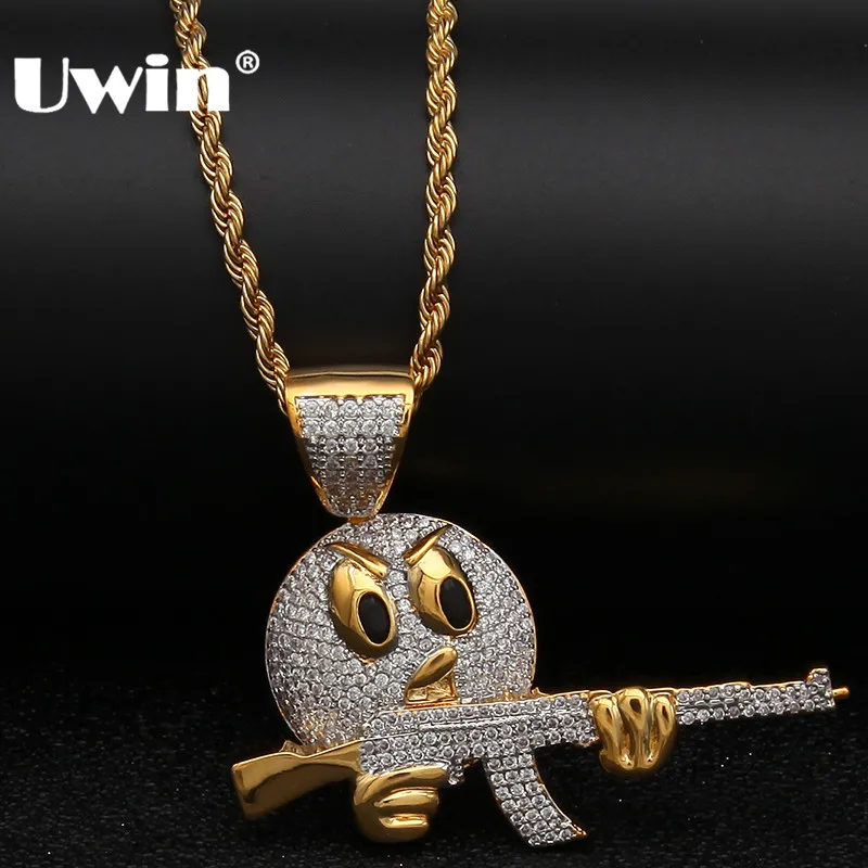 

Uwin Angry Emoji Face With Gun Pendant Top Quality Micro Paved Cubic Zirconia Cool Necklace Gold Chain Mens Hiphop Jewelry