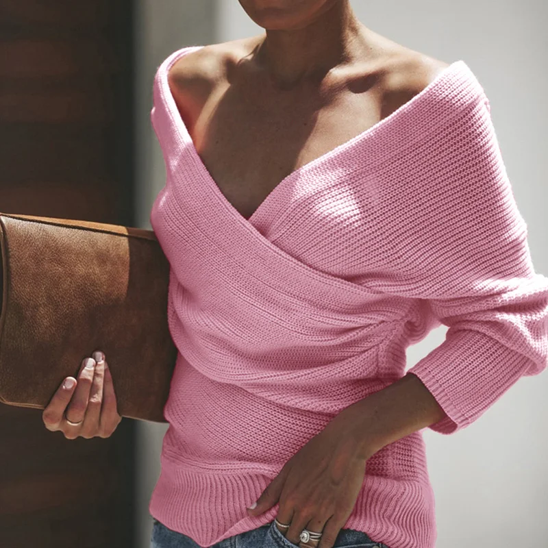

2019 New Women Spring Solid Long Sleeve V-Neck Knitted Pullovers Ladies Fashion Autumn Sexy Criss-Cross Sweaters Size S-XL