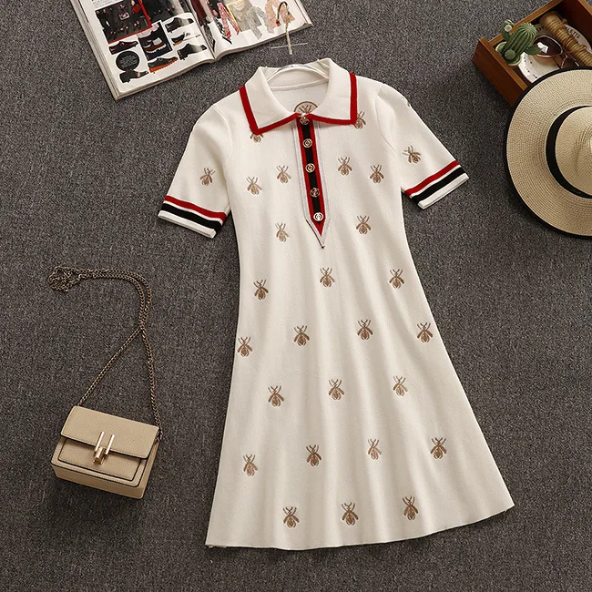 

Casual Knit Dress Women Summer Embroidery Cartoon Single Breasted Short Sleeve Thin Knit Dress Female Patchwork Striped Dress