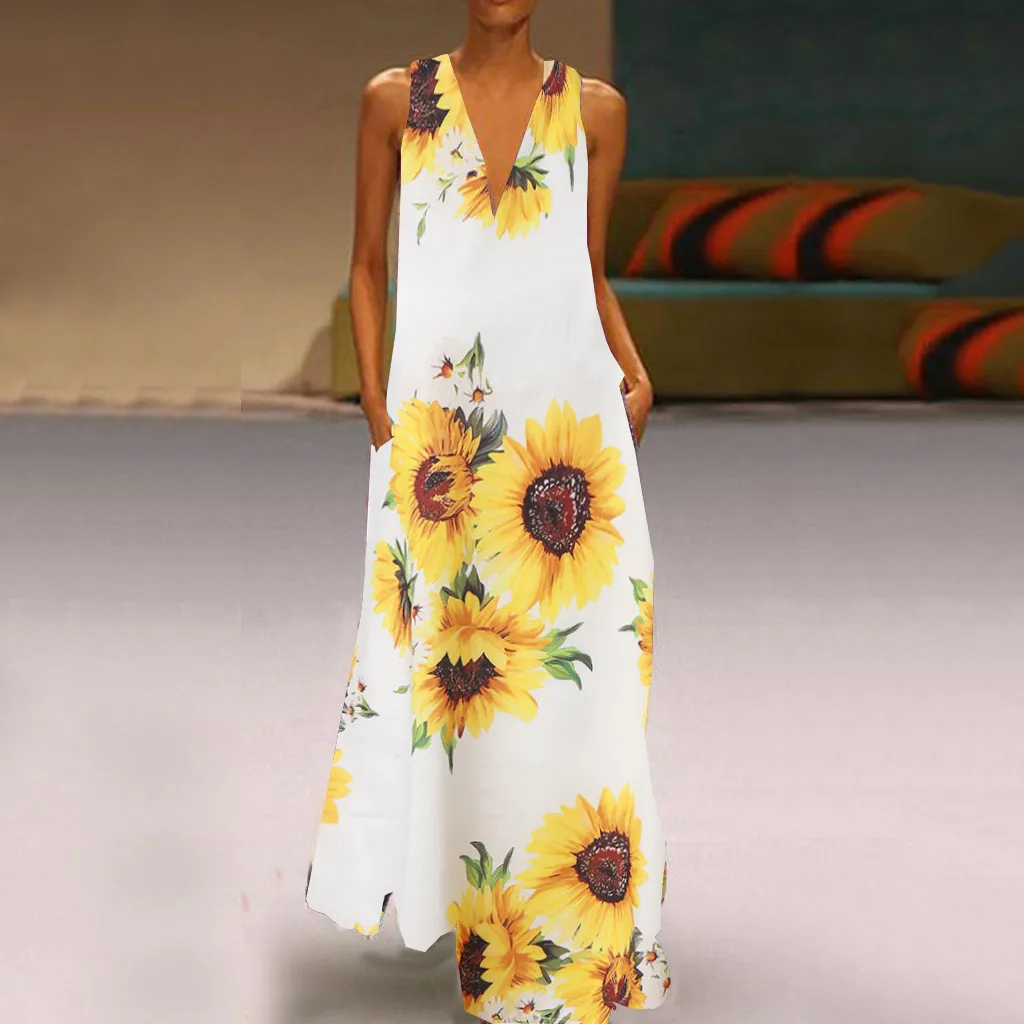 

Feitong Women Casual Sunflower Print Summer Long Dress Ladies Sexy Sleeveless Loose Party Maxi Dress Robe Longue Femme 2019 New