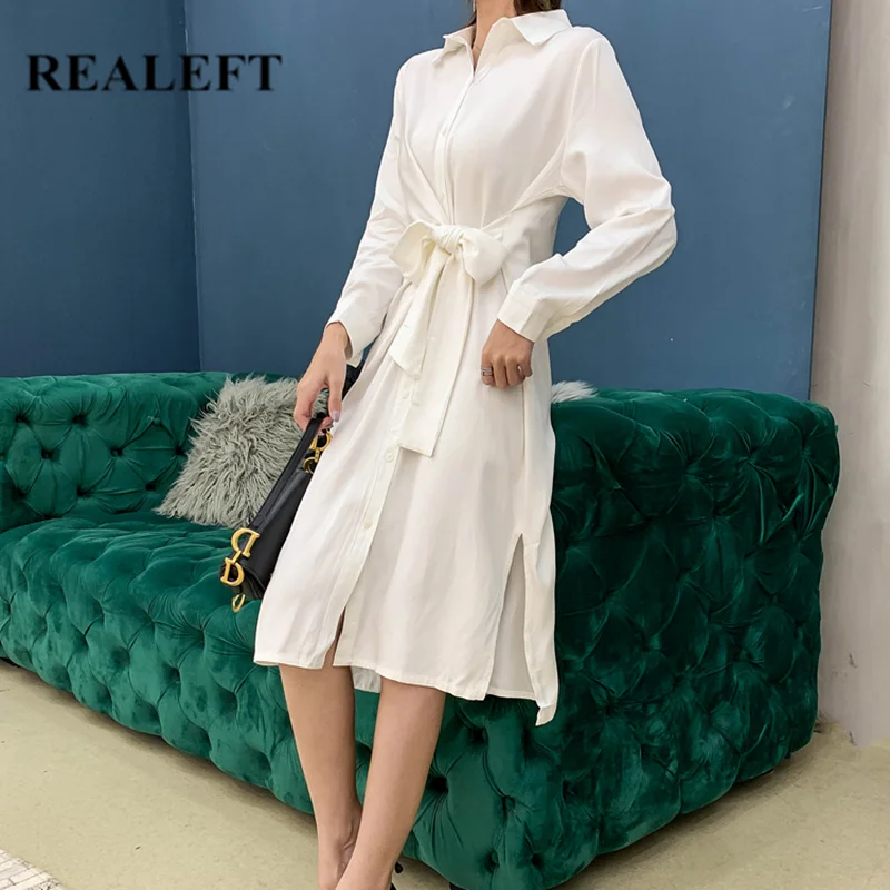 

REALEFT Autumn New Arrival Women White Shirts Long Dresses Elegant Single Breasted Long Sleeve High Waist A-Line Bow Dresses