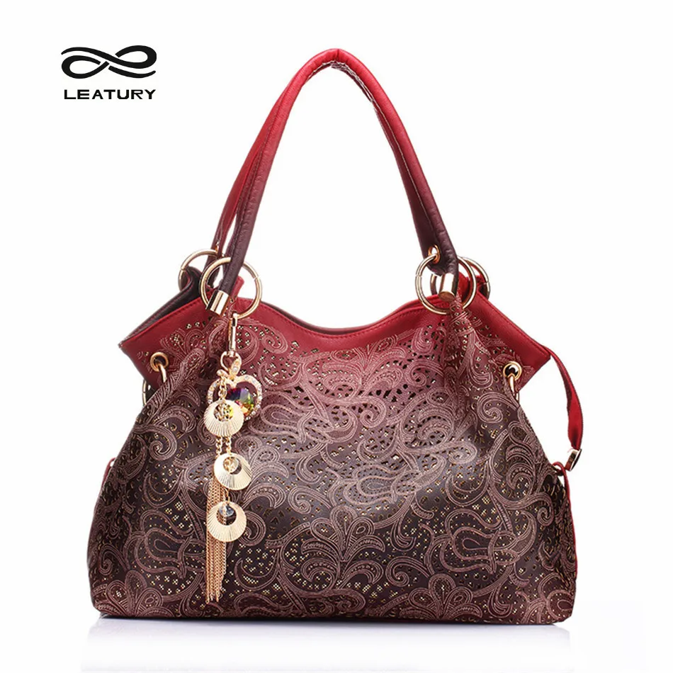 

Leatury Brand Women Bag Hollow out ombre Handbag Floral Print Luxury Handbags Women Bags Designer Ladies pu Leather Tote Bag