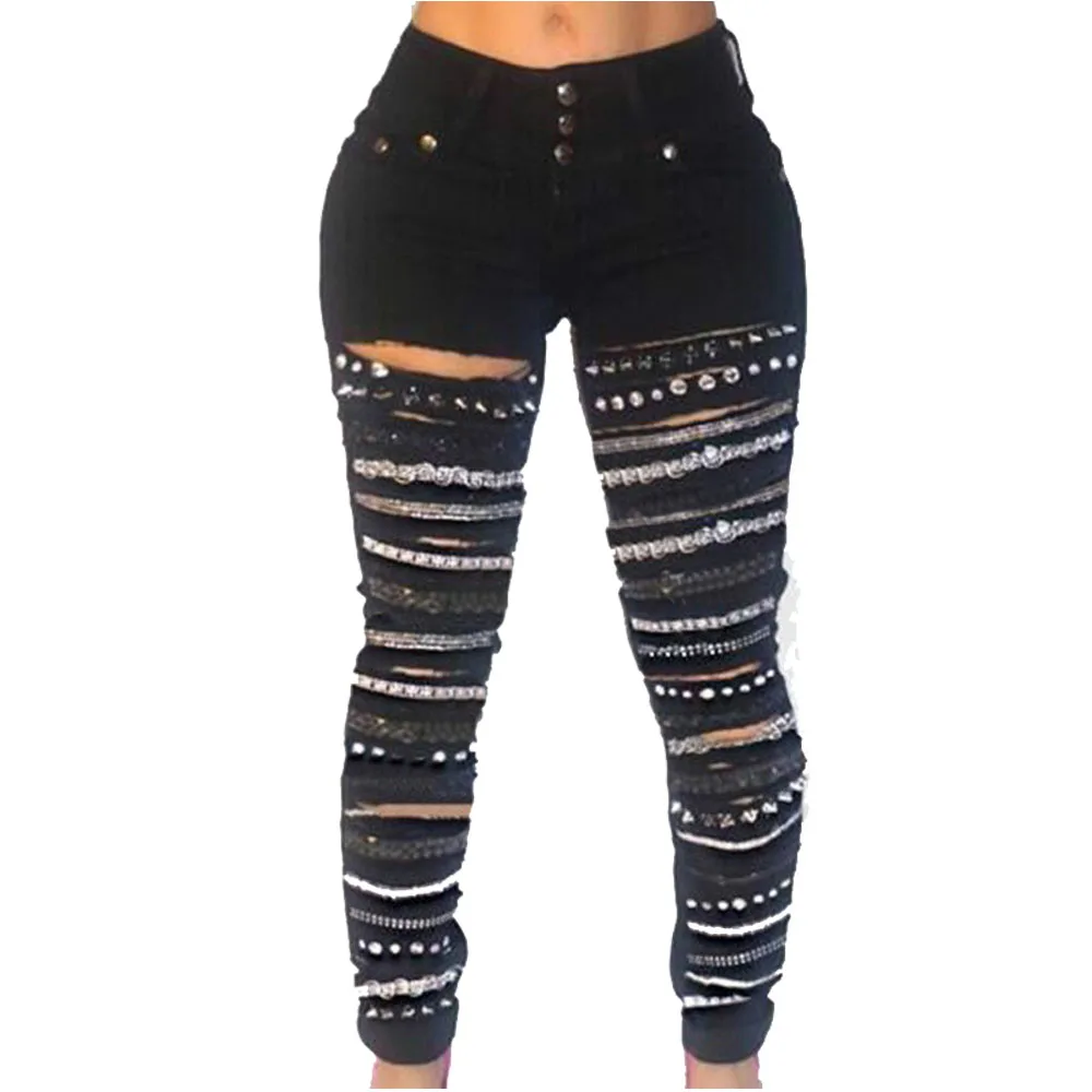 

Women 's Fashion Black Denim Sexy Flare Tron Boyfriend Stylish Rock Roll Jean Joggers Chain Pant Pencil Denim Skinny Jeans M-2XL