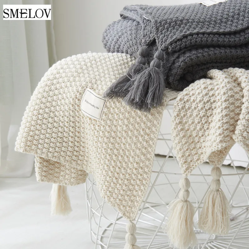 

Solid knitted throw blanket with tassel woollen Shawl blanket home office sofa Bed Air conditioning nap sleeping blanket 130*170