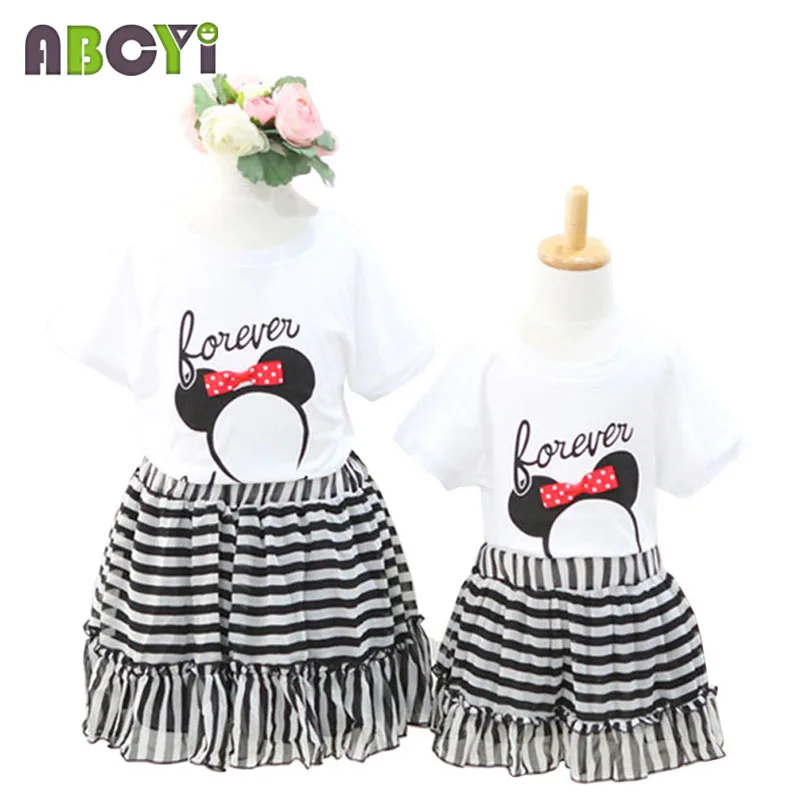 

Matching Mother Daughter Clothes 2015 Summer 2-11Y Girl Skirts Women Pleated Skirt Black and White Stripe Chiffon Princess Skirt