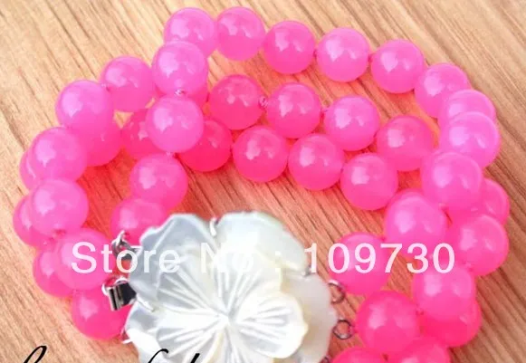 

00584 Excellent 3strands 10mm pink round jade bracelet shell flower clasp can choose