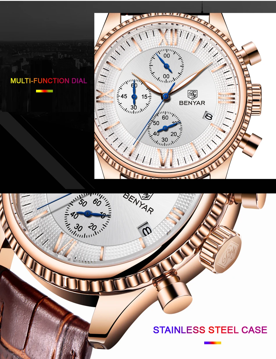 BENYAR для мужчин часы Мода/Спорт/кварцевые мужские наручные часы s Лидирующий бренд роскошные кожаные часы Relogio Masculino